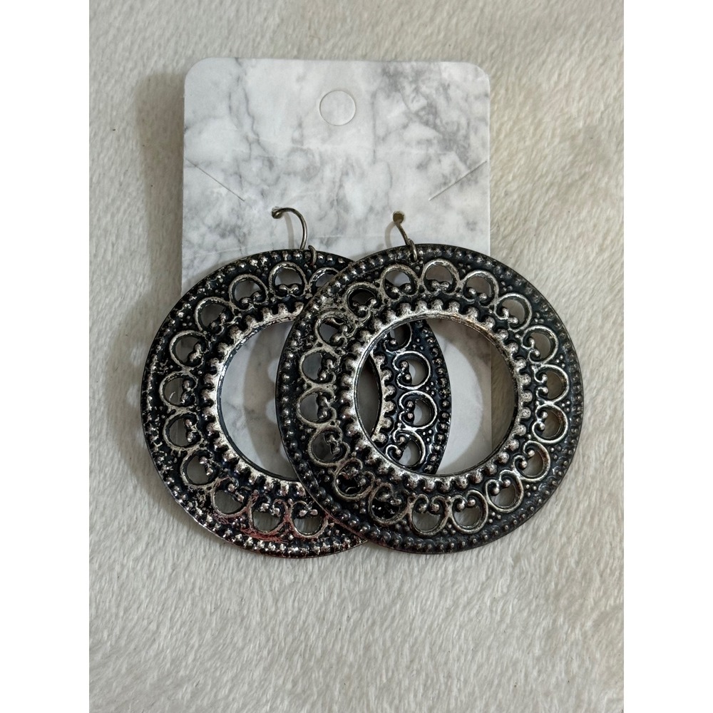 Silver Tone Filigree Hoop Earrings Women's Boho Statement Antiqued Dangle
